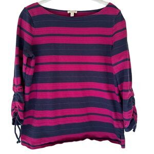 Talbots Pullover Knit Top Navy Blue Magenta Pink Stripe‎ Gathered 3/4 Sleeve-M